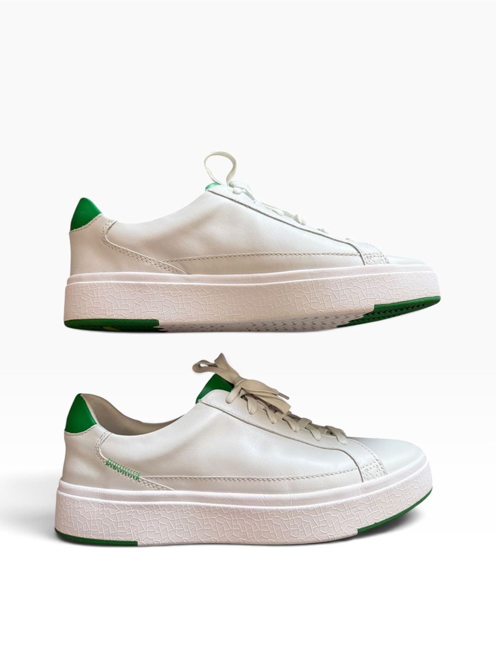 Women's White Leather Platform Sneakers with Green Trim